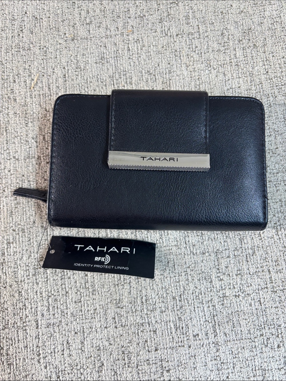 Tahari Black Leather RFID Zip Wallet with Metal Logo